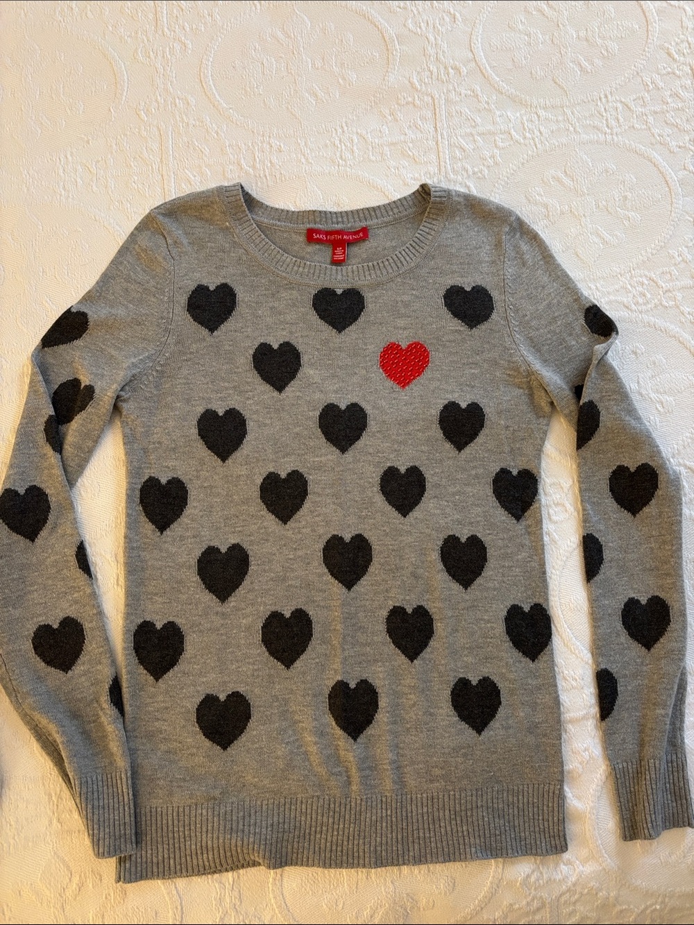 Saks Fifth Avenue Gray Crewneck Sweater with Black Hearts and Single Red Heart